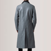 
Vue détaillée of Notch & Button Hardware on Charlton Gris Leather Single Breasted Manteau en Cuir pour Homme For Men