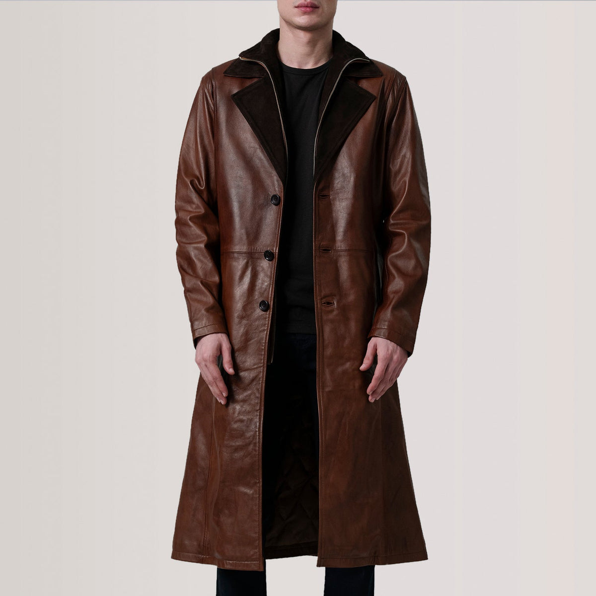 
Charlton Waxed Marron Leather Single Breasted Manteau en Cuir pour Homme For Men in Distressed Brown Sheepskin Burnished - Vue de face & silhouette ajustée | Acheter en ligne