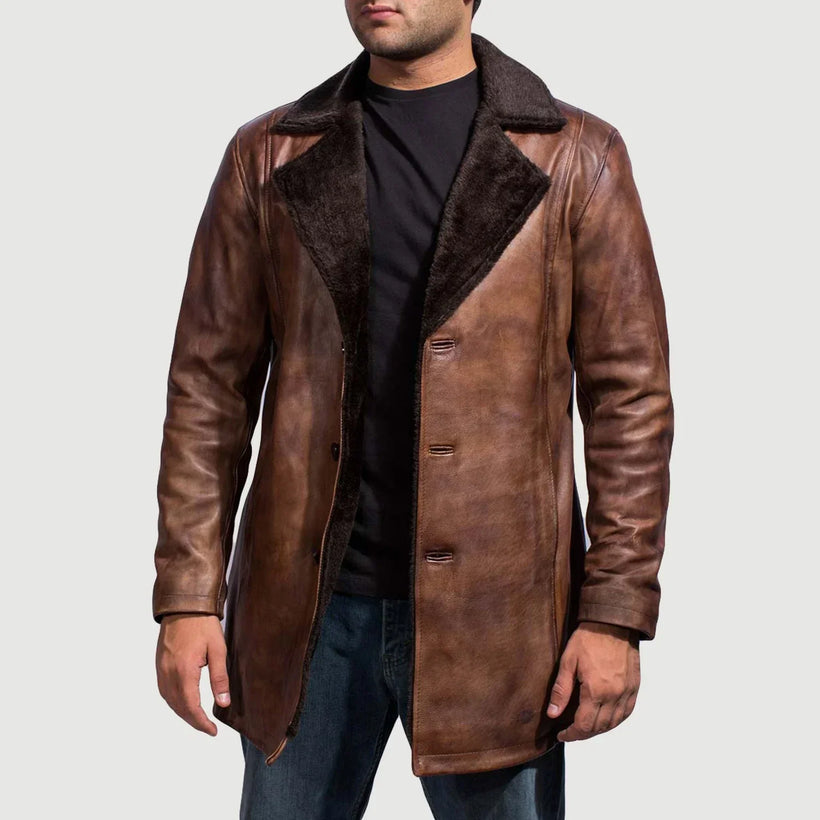 Cinnamon Patine Usée Leather Fur Manteau en Cuir pour Homme