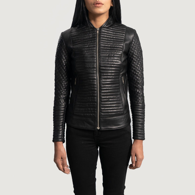 Cityscape Noir Veste Motard en Cuir pour Femme