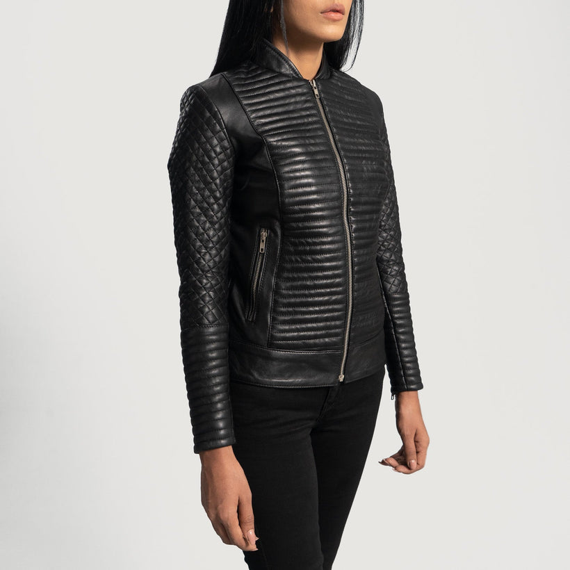 Cityscape Noir Veste Motard en Cuir pour Femme