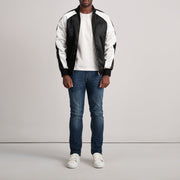 Vue détaillée of Varsity &amp; Zipper Hardware on Clarke Noir Varsity Veste en Cuir pour Homme