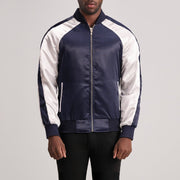 
Clarke Bleu Varsity Veste en Cuir pour Homme in Blue & White Satin - Vue de face & silhouette ajustée | Acheter en ligne