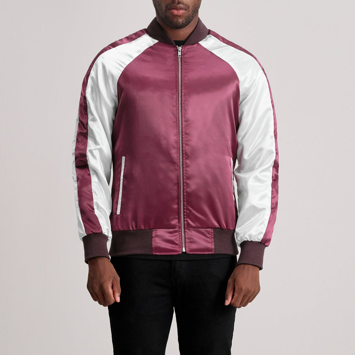 Clarke Maroon Varsity Jacket in Maroon & White Satin - Front Profile View & Tailored Silhouette | Buy Online