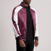 Maroon &amp; White Satin Aviator Jacket - Vue de dos avec coupe ajustée aux épaules &amp; ourlet soigné