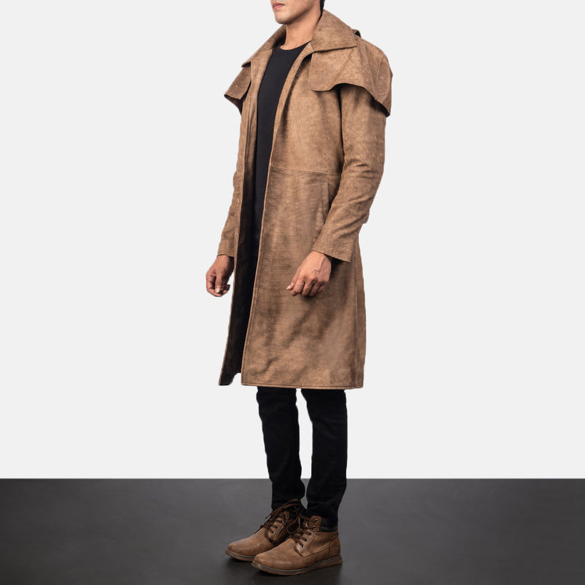 Classic Marron Leather Duster pour Homme