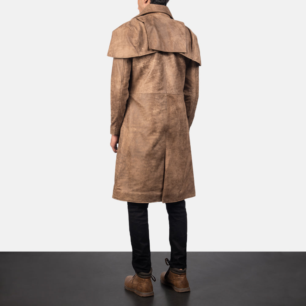 Men's Classic Marron Leather Duster pour Homme - Vue de profil avec coupe de manche ergonomique