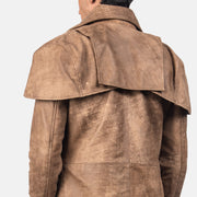 Vue détaillée of Classic Collar &amp; Heavy-Duty Zipper Hardware on Men's Classic Marron Leather Duster pour Homme