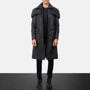 Men's Classic Patine Usée Noir Leather Duster pour Homme in Distressed Black Sheepskin Snuffed - Vue de face &amp; silhouette ajustée | Acheter en ligne