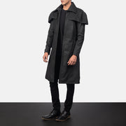 Distressed Black Sheepskin Snuffed Trench Coat - Vue de dos avec coupe ajustée aux épaules &amp; ourlet soigné