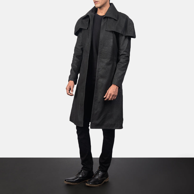 Classic Patine Usée Noir Leather Duster pour Homme