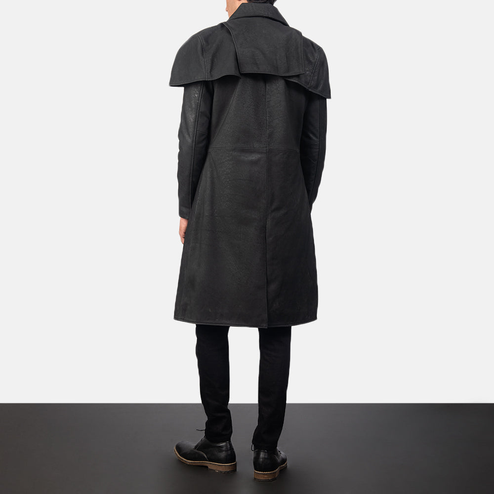 Men's Classic Patine Usée Noir Leather Duster pour Homme - Vue de profil avec coupe de manche ergonomique