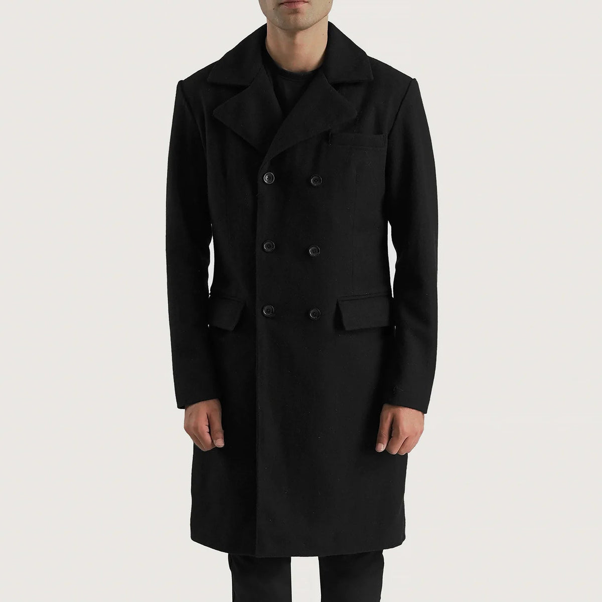 
Claud Black Wool Double Breasted Coat in Black Synthetic Wool - Vue de face & silhouette ajustée | Acheter en ligne