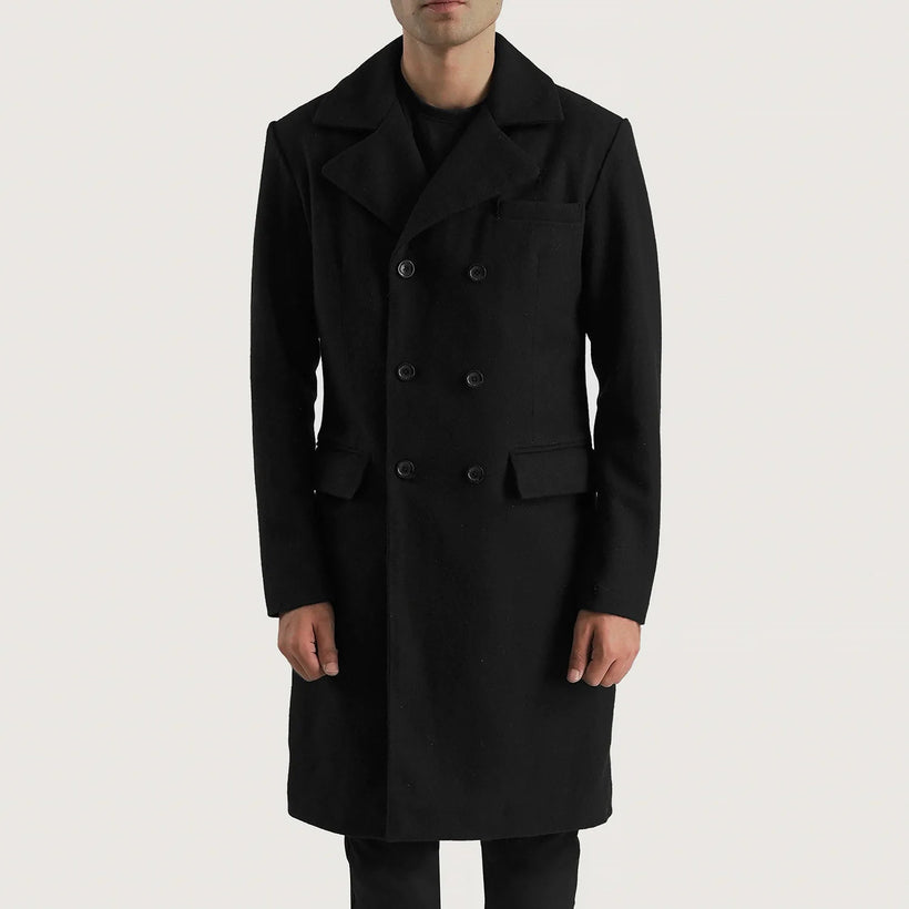 Claud Noir Wool Double-Breasted Manteau en Cuir pour Homme