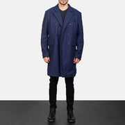 Men's Blue Wool Double Breasted Coat in Navy Blue Synthetic Wool - Vue de face &amp; silhouette ajustée | Acheter en ligne