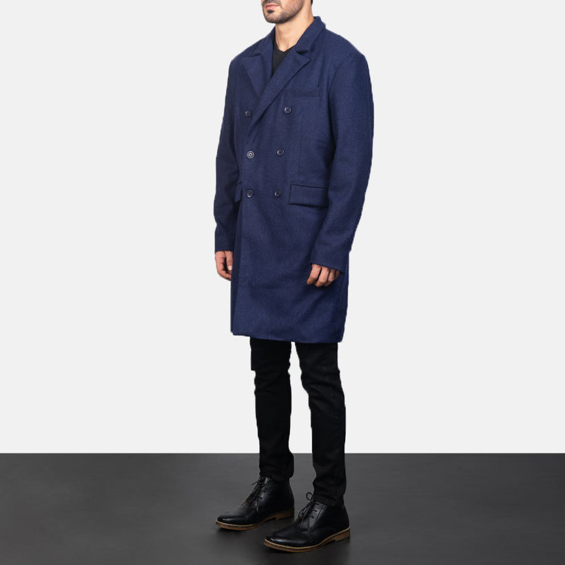 Claud Bleu Wool Double-Breasted Manteau en Cuir pour Homme