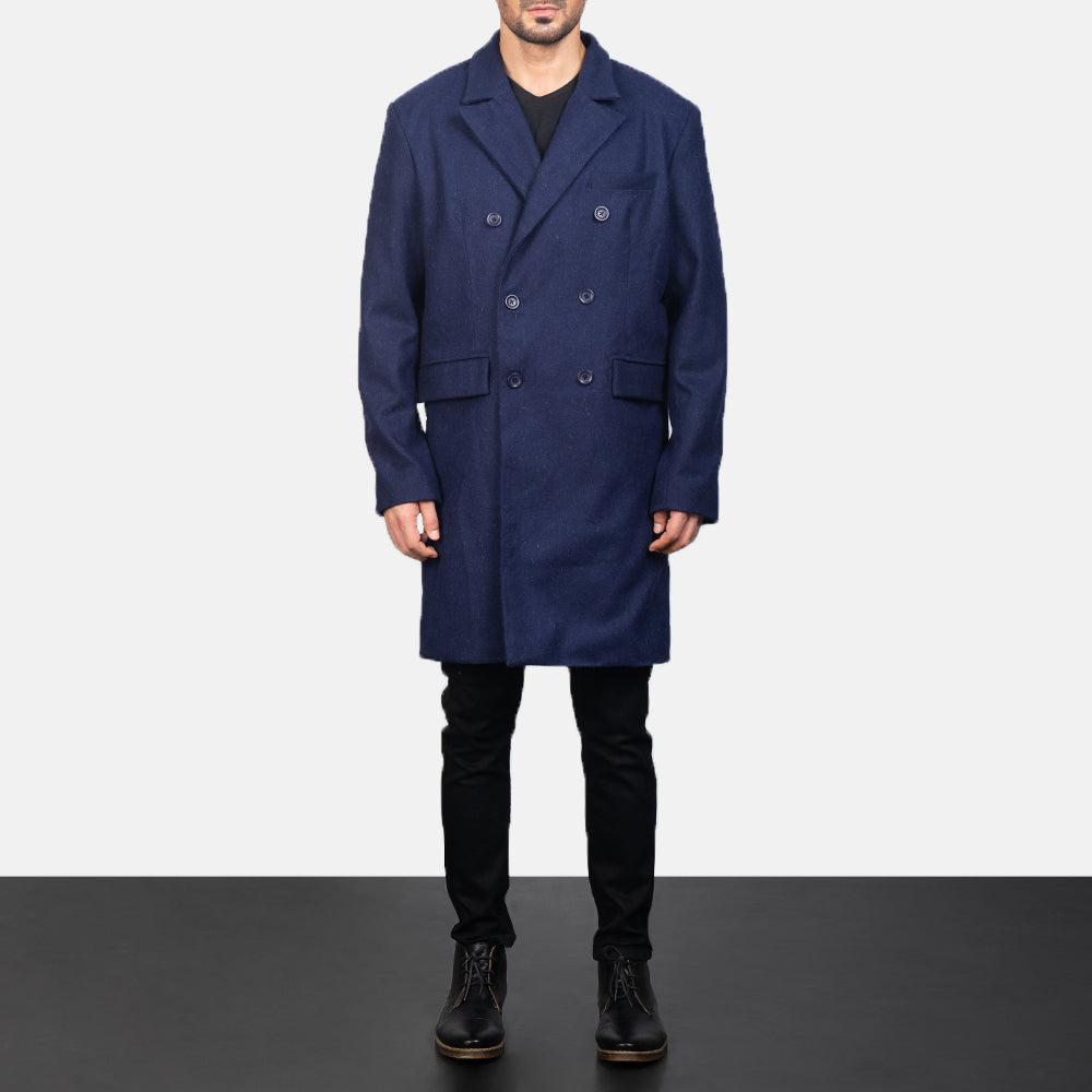 Men's Blue Wool Double Breasted Coat - Vue de profil avec coupe de manche ergonomique