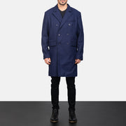 Men's Blue Wool Double Breasted Coat - Vue de profil avec coupe de manche ergonomique