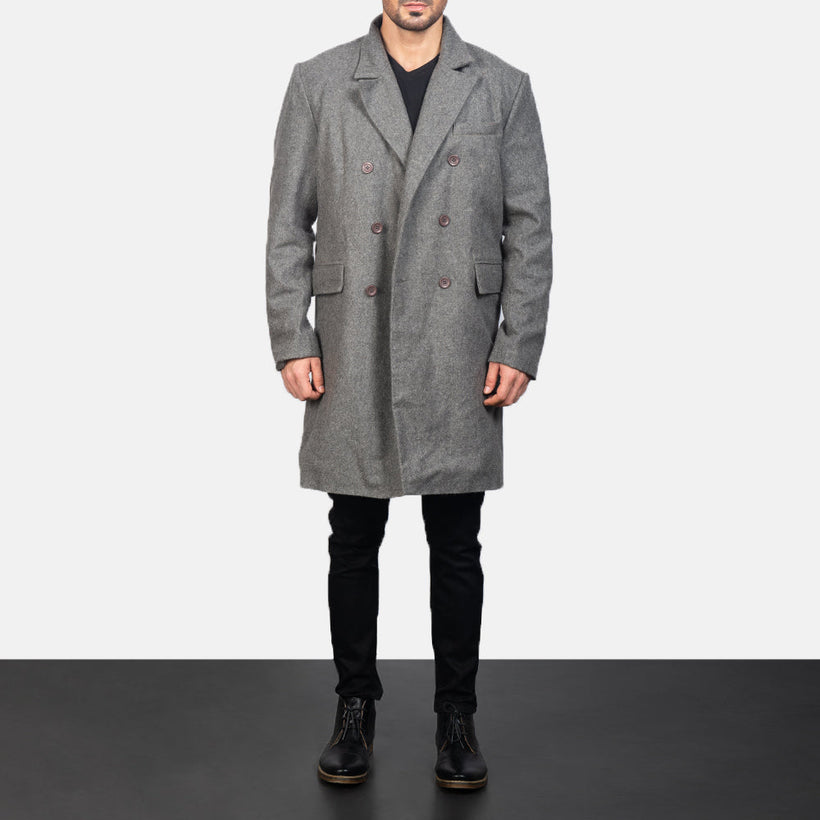 Claud Gris Wool Double-Breasted Manteau en Cuir pour Homme