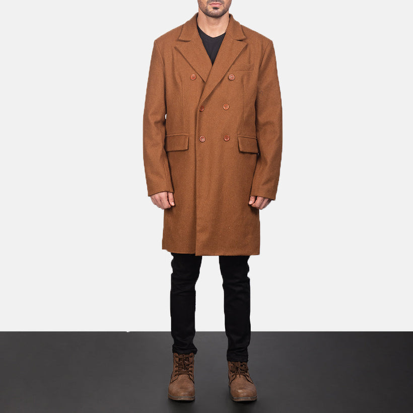 Claud Khaki Wool Double-Breasted Manteau en Cuir pour Homme