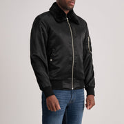 Black Satin Bomber Jacket - Vue de dos avec coupe ajustée aux épaules &amp; ourlet soigné
