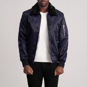 
Clyde B-15 Bleu Blouson Bombardier en Cuir pour Homme - Vue de profil mettant en valeur la coupe de manche ergonomique