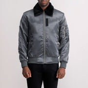 Clyde B-15 Grey Bomber Jacket in Grey Satin - Vue de face &amp; silhouette ajustée | Acheter en ligne