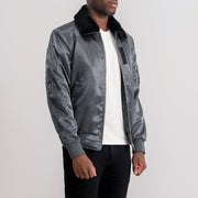 Grey Satin Bomber Jacket - Vue de dos avec coupe ajustée aux épaules &amp; ourlet soigné