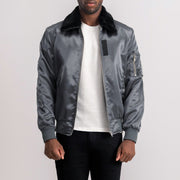 Clyde B-15 Grey Bomber Jacket - Vue de profil avec coupe de manche ergonomique