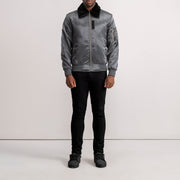 Vue détaillée of Removable faux fur collar &amp; Zipper Hardware on Clyde B-15 Grey Bomber Jacket