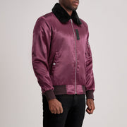 Maroon Satin Bomber Jacket - Vue de dos avec coupe ajustée aux épaules &amp; ourlet soigné