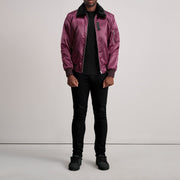 Vue détaillée of Removable faux fur collar &amp; Zipper Hardware on Clyde B-15 Bordeaux Blouson Bomber en Cuir pour Homme