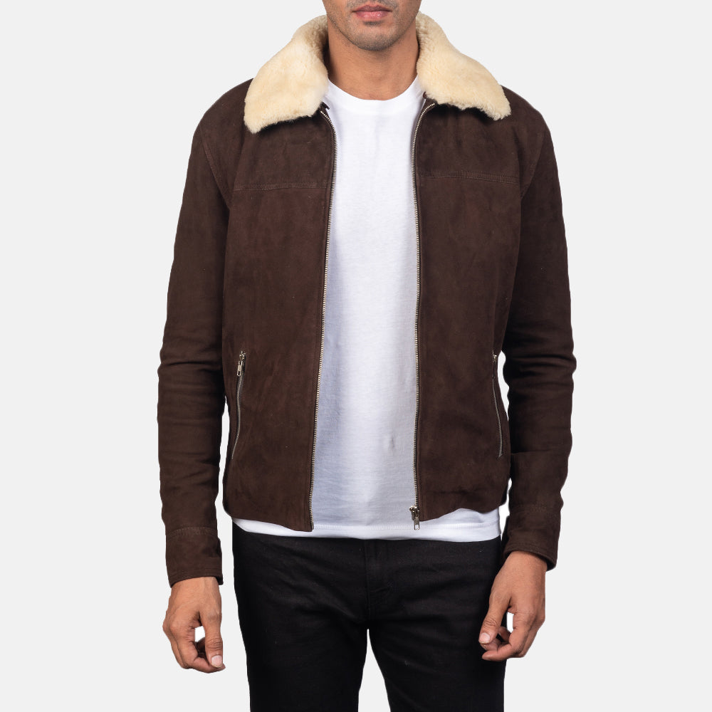 Men's Coffner Marron Shearling Fur Veste en Cuir pour Homme in Distressed Brown Goatskin Suede - Vue de face &amp; silhouette ajustée | Acheter en ligne