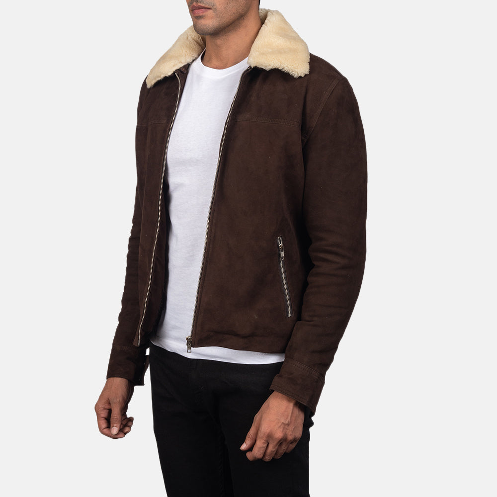Distressed Brown Goatskin Suede Biker Jacket - Vue de dos avec coupe ajustée aux épaules &amp; ourlet soigné