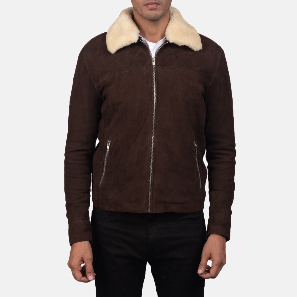 Vue détaillée of Shirt with Removable Fur Collar &amp; Zipper Hardware on Men's Coffner Marron Shearling Fur Veste en Cuir pour Homme