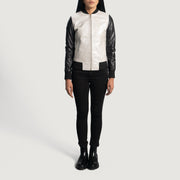 Vue détaillée of Varsity &amp; Zipper Hardware on Women's Cole Silver Blouson Bomber en Cuir pour Femme