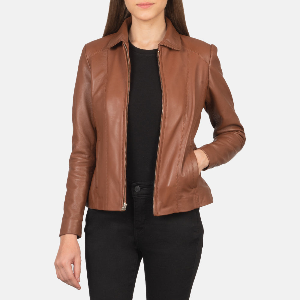 Women Colette Marron Veste en Cuir pour Femme in Brown Sheepskin Leather - Vue de face &amp; silhouette ajustée | Acheter en ligne