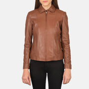 Vue détaillée of Shirt &amp; Zipper Hardware on Women Colette Marron Veste en Cuir pour Femme
