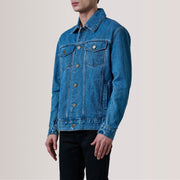 Conard Bleu Denim Trucker Veste en Cuir pour Homme For Men - Vue de profil avec coupe de manche ergonomique