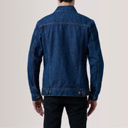 Vue détaillée of Classic Collar &amp; Heavy-Duty Zipper Hardware on Conard Dark Bleu Denim Trucker Veste en Cuir pour Homme For Men