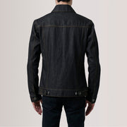 Vue détaillée of Classic Collar &amp; Heavy-Duty Zipper Hardware on Conard Faded Noir Denim Trucker Veste en Cuir pour Homme For Men