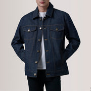 Conard Ash Grey Denim Trucker Jacket For Men in Indigo Blue Full-Grain Leather - Vue de face &amp; silhouette ajustée | Acheter en ligne