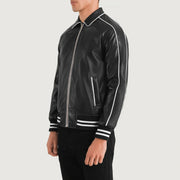 Black Sheepskin Leather Varsity Jacket - Vue de dos avec coupe ajustée aux épaules &amp; ourlet soigné