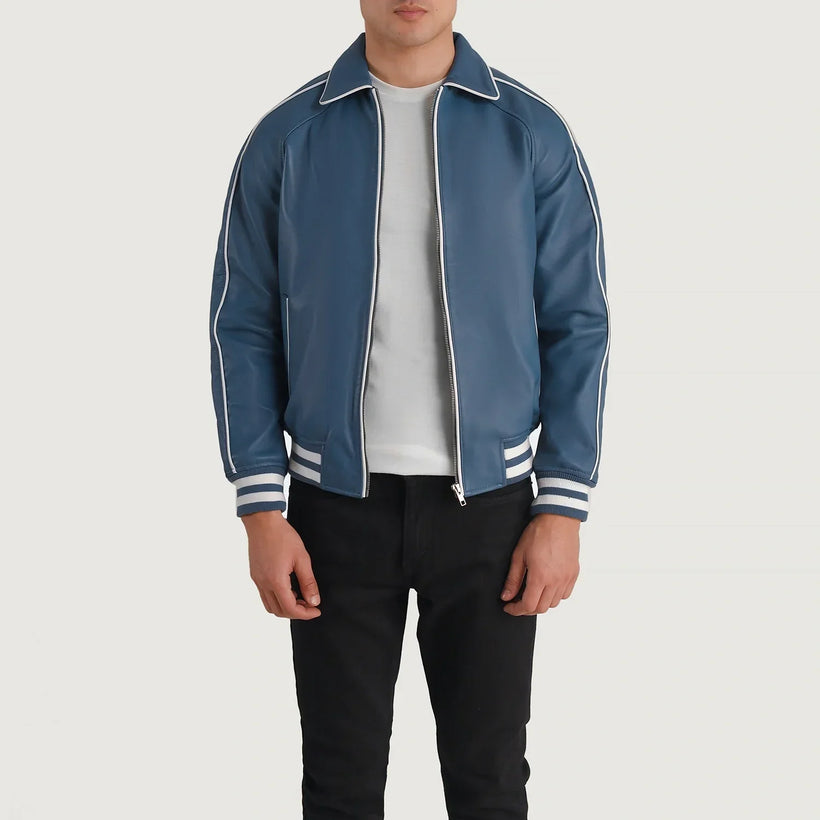 Cooper Bleu Leather Varsity Veste en Cuir pour Homme