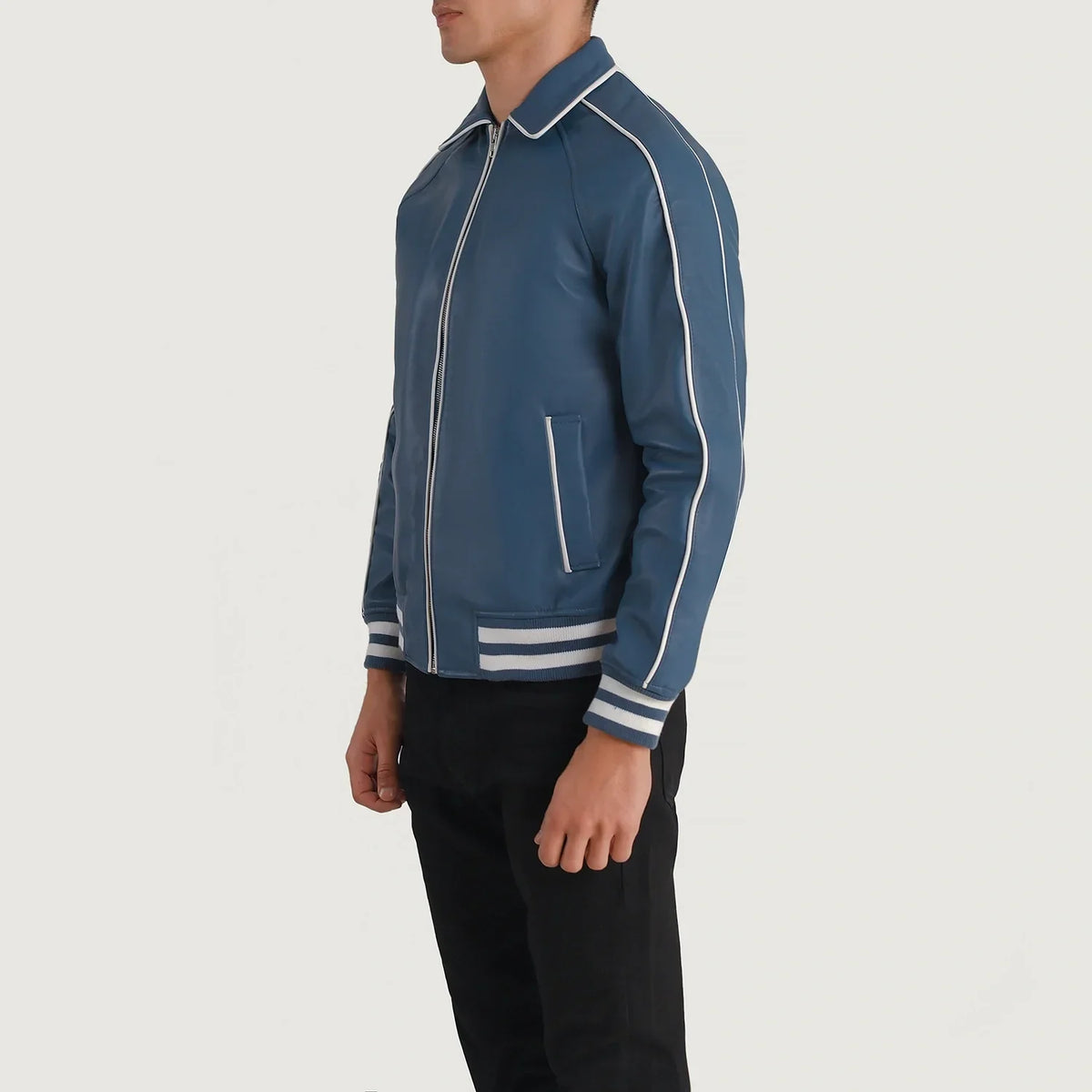 Blue Sheepskin Leather Varsity Jacket - Vue de dos avec coupe ajustée aux épaules &amp; ourlet soigné
