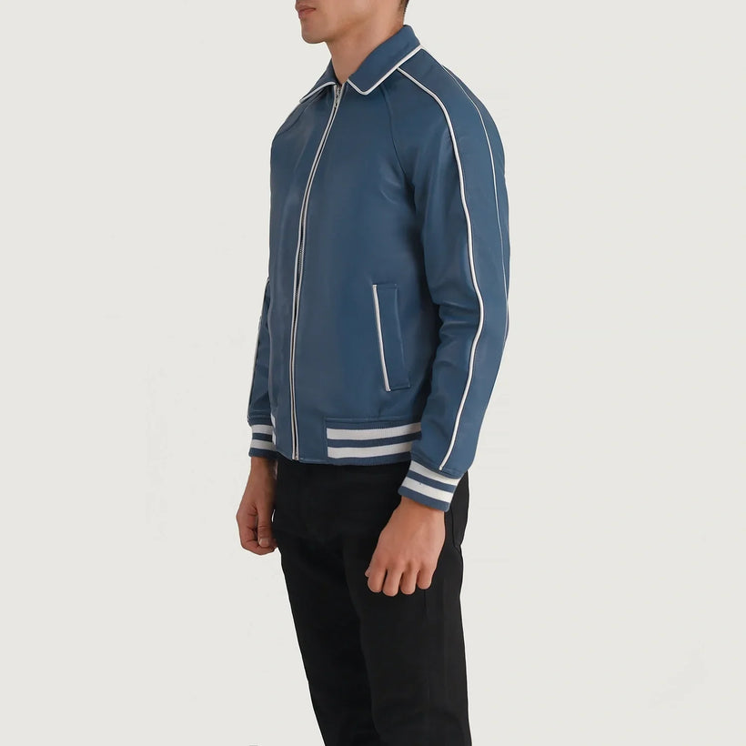 Cooper Bleu Leather Varsity Veste en Cuir pour Homme
