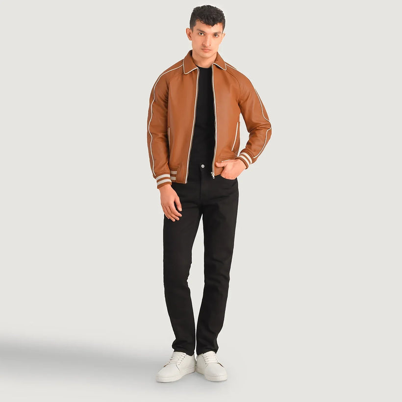 Cooper Camel Marron Leather Varsity Veste en Cuir pour Homme
