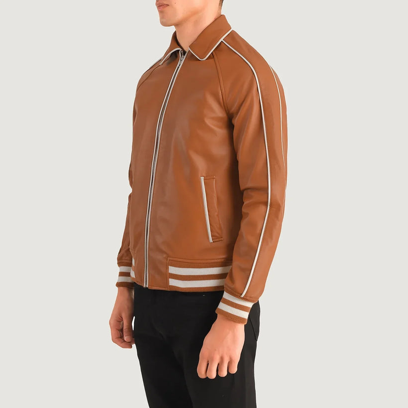Cooper Camel Marron Leather Varsity Veste en Cuir pour Homme