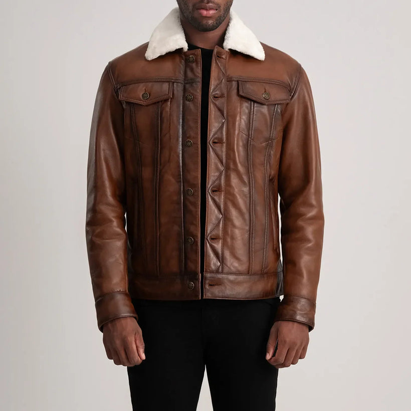 Dallis Marron Leather Shearling Trucker Veste en Cuir pour Homme