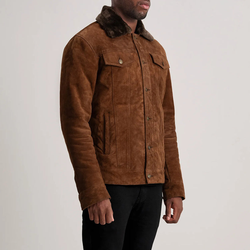 Dallis Marron Suede Shearling Trucker Veste en Cuir pour Homme